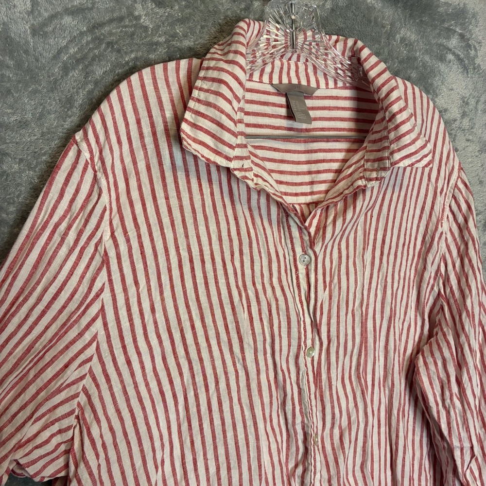 H&M Womens Striped Oversized Linen Blend Shirt 22 Plus Coastal Preppy Maritime